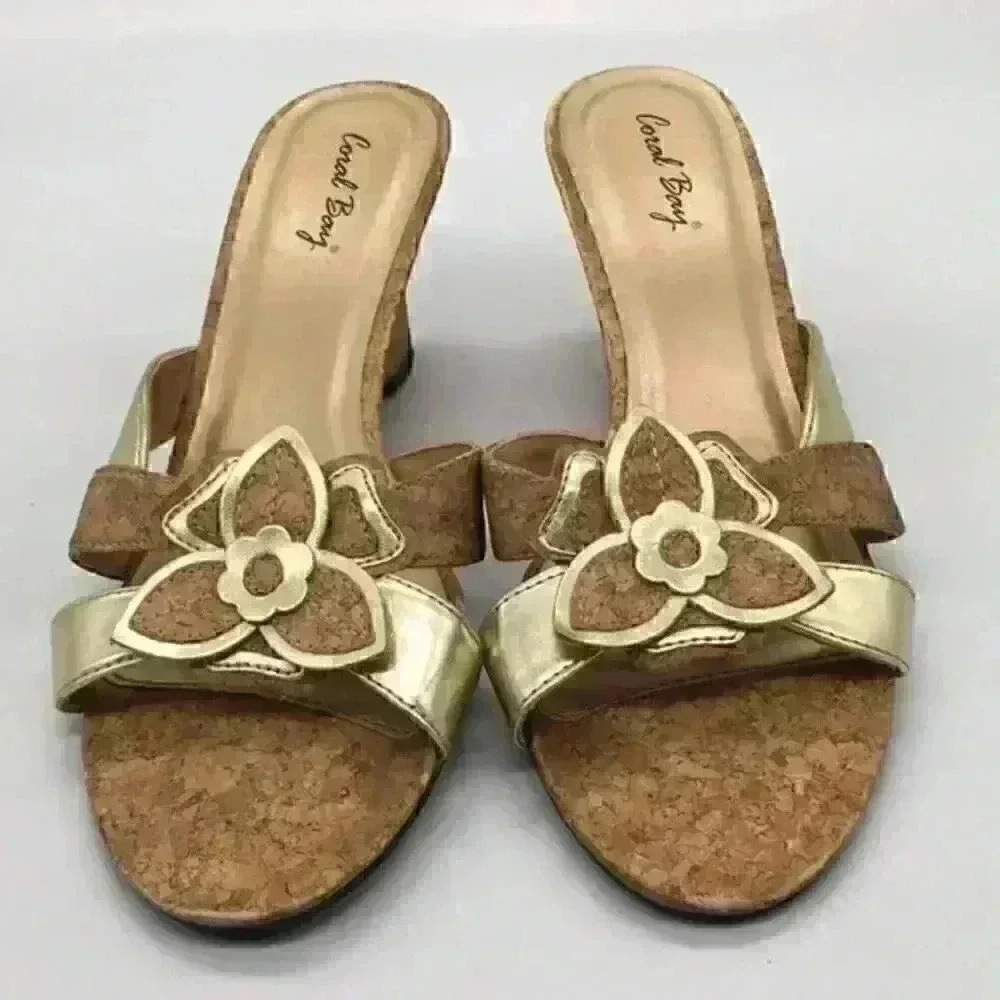 CORAL Bay Gold/Cork Slides w/3” Heel Size … - Picture 1 of 5